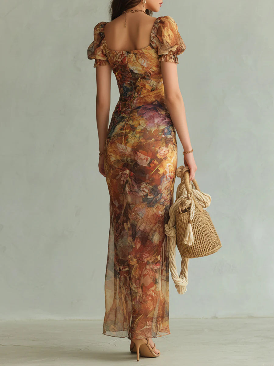 Laura - Orange Bohemian Holiday Oil Painting Print Chiffon Maxi Dress