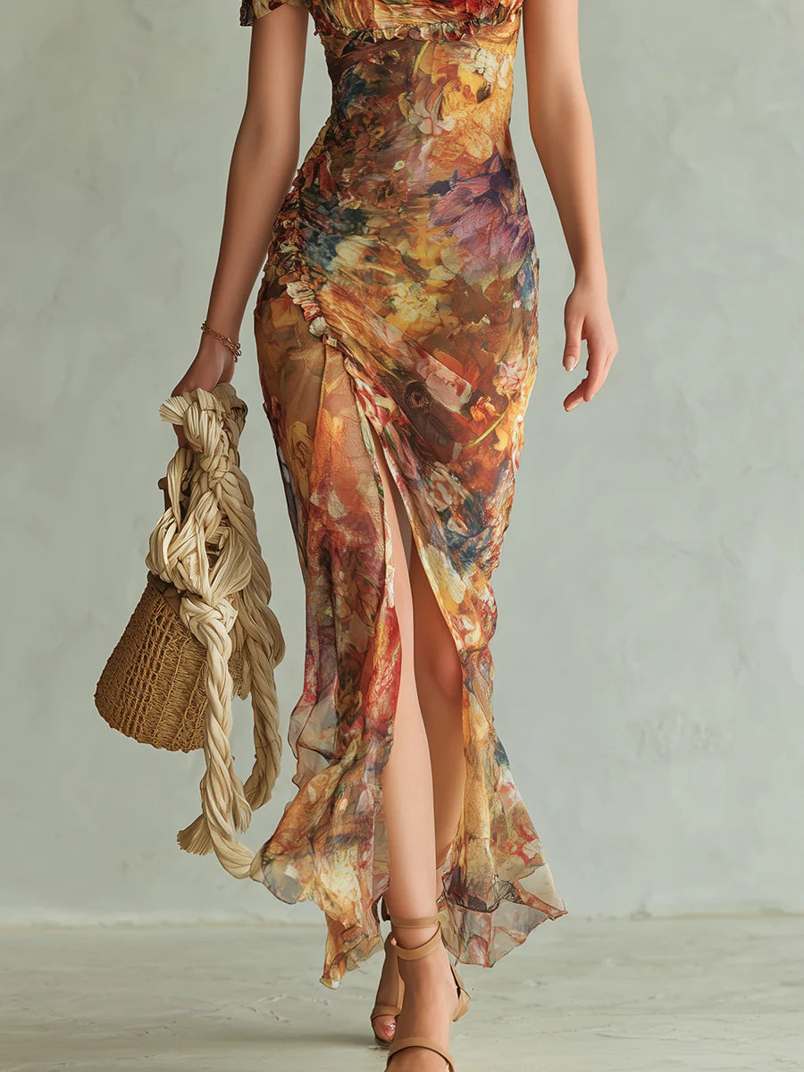 Laura - Orange Bohemian Holiday Oil Painting Print Chiffon Maxi Dress