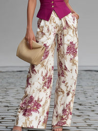 Kate - Rose Pink Sleeveless Vest And Floral Printed Wide-leg Pants Set