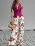 Kate - Rose Pink Sleeveless Vest And Floral Printed Wide-leg Pants Set
