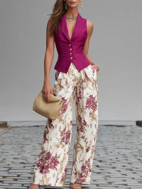 Kate - Rose Pink Sleeveless Vest And Floral Printed Wide-leg Pants Set