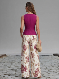 Kate - Rose Pink Sleeveless Vest And Floral Printed Wide-leg Pants Set