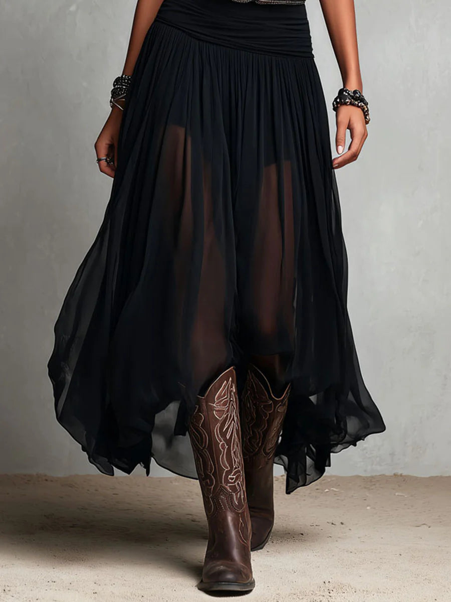 Evie - Black Sleeveless Tank Top With Tulle Skirt Maxi Dress with Belt
