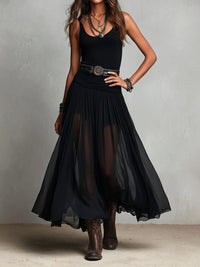 Evie - Black Sleeveless Tank Top With Tulle Skirt Maxi Dress with Belt