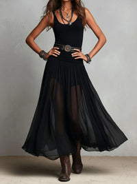 Evie - Black Sleeveless Tank Top With Tulle Skirt Maxi Dress with Belt