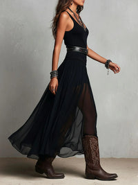 Evie - Black Sleeveless Tank Top With Tulle Skirt Maxi Dress with Belt