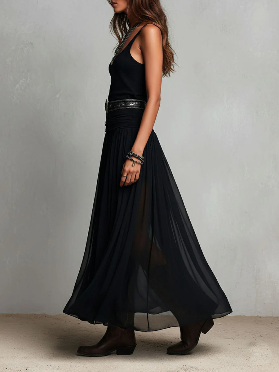 Evie - Black Sleeveless Tank Top With Tulle Skirt Maxi Dress with Belt