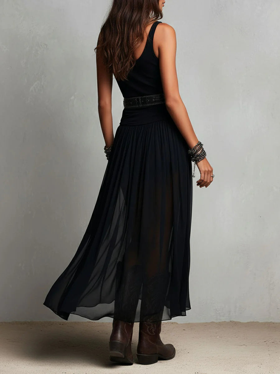 Evie - Black Sleeveless Tank Top With Tulle Skirt Maxi Dress with Belt