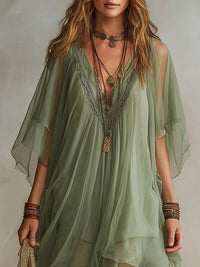 Miranda – Green Flowy Chiffon Mini Dress with V-Neck