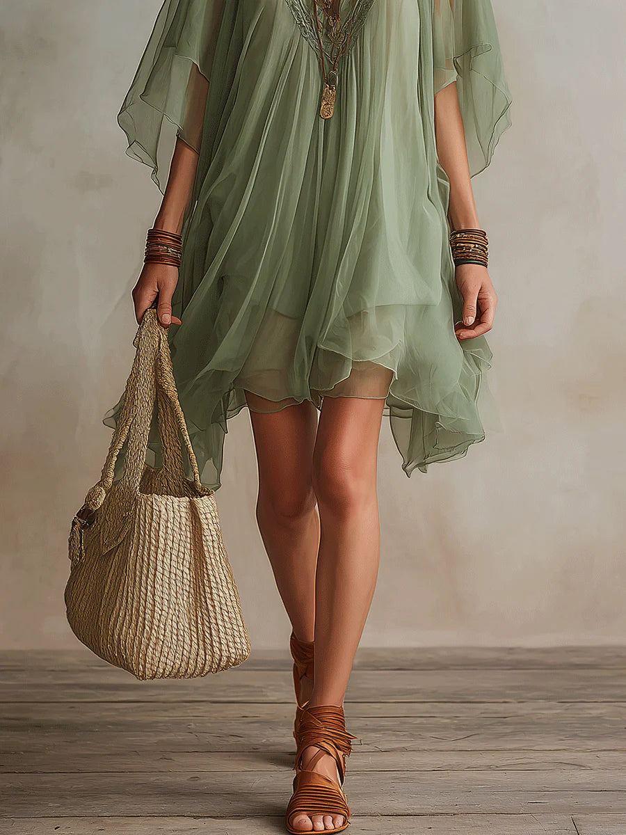 Miranda – Green Flowy Chiffon Mini Dress with V-Neck