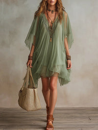 Imani - Green Chiffon V-neck Layered Flowy Mini Dress