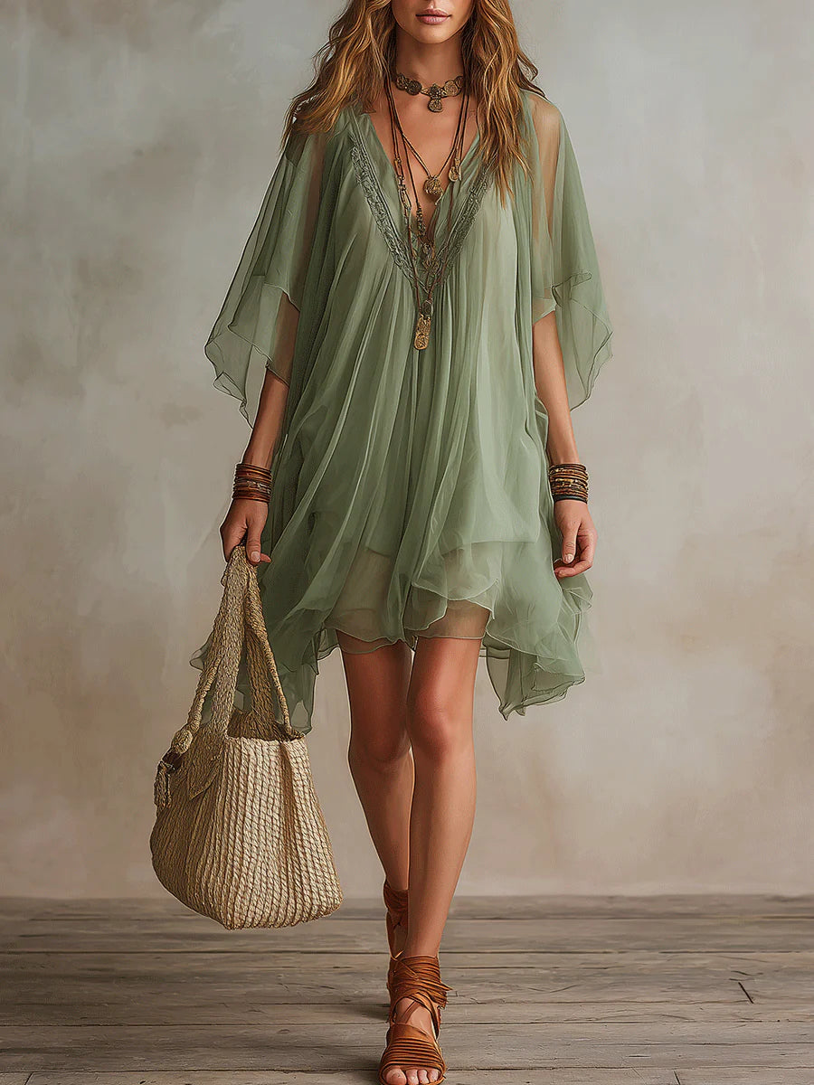 Imani - Green Chiffon V-neck Layered Flowy Mini Dress