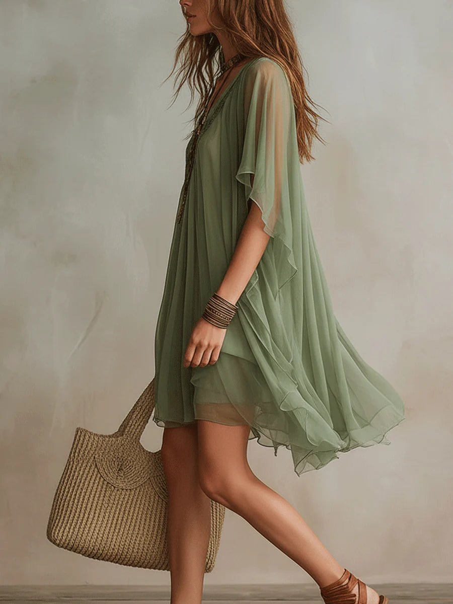 Imani - Green Chiffon V-neck Layered Flowy Mini Dress
