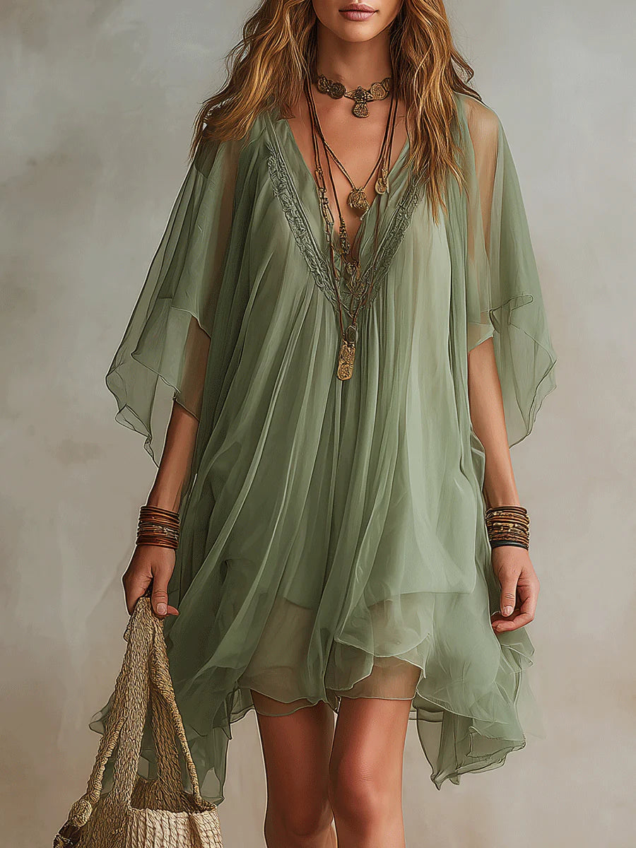 Imani - Green Chiffon V-neck Layered Flowy Mini Dress