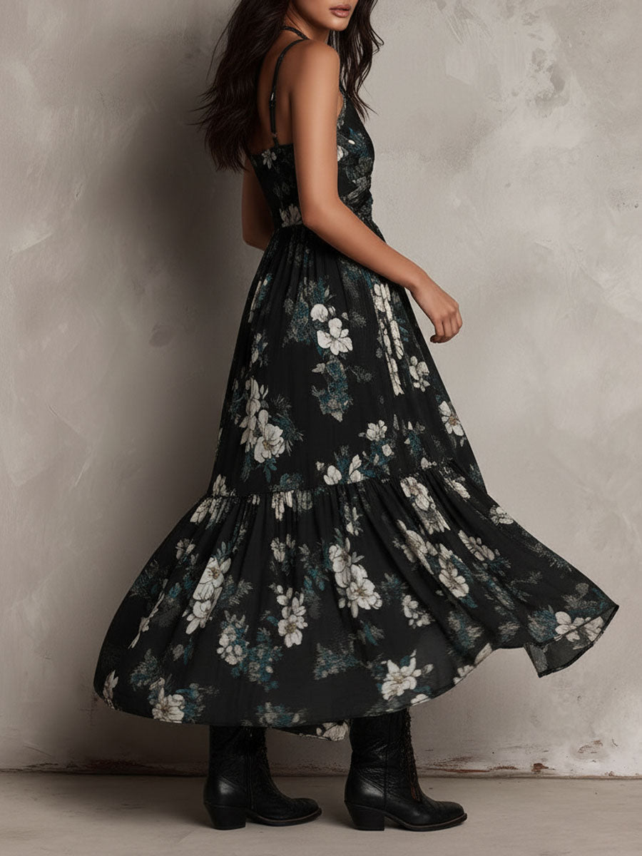 Jessie - Black Bohemian Floral Print Irregular Strapless Maxi Dress