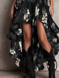 Jessie - Black Bohemian Floral Print Irregular Strapless Maxi Dress
