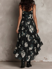 Jessie - Black Bohemian Floral Print Irregular Strapless Maxi Dress