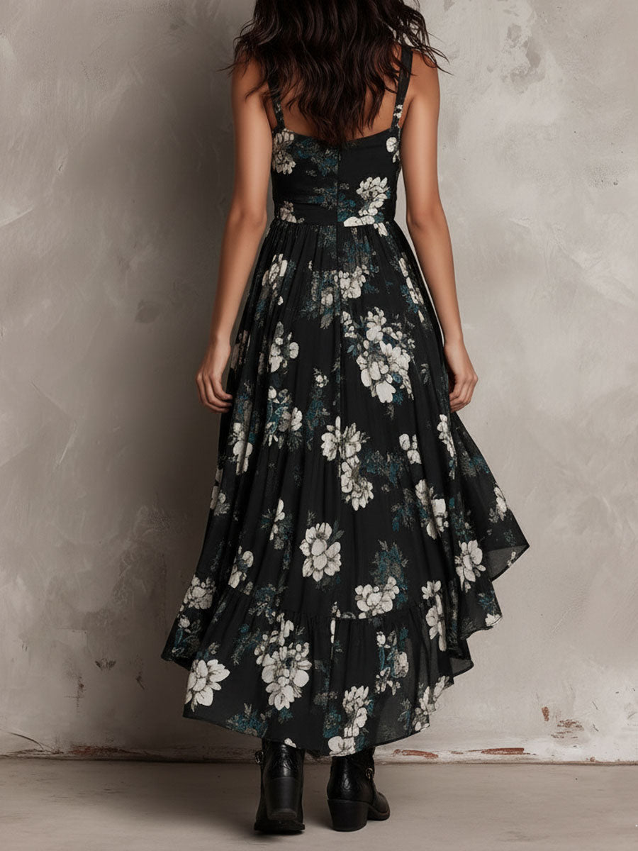Jessie - Black Bohemian Floral Print Irregular Strapless Maxi Dress