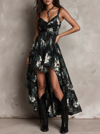 Jessie - Black Bohemian Floral Print Irregular Strapless Maxi Dress