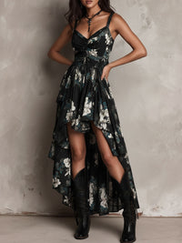 Jessie - Black Bohemian Floral Print Irregular Strapless Maxi Dress