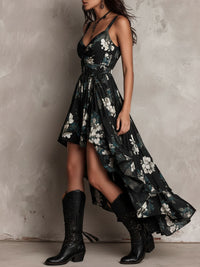 Jessie - Black Bohemian Floral Print Irregular Strapless Maxi Dress