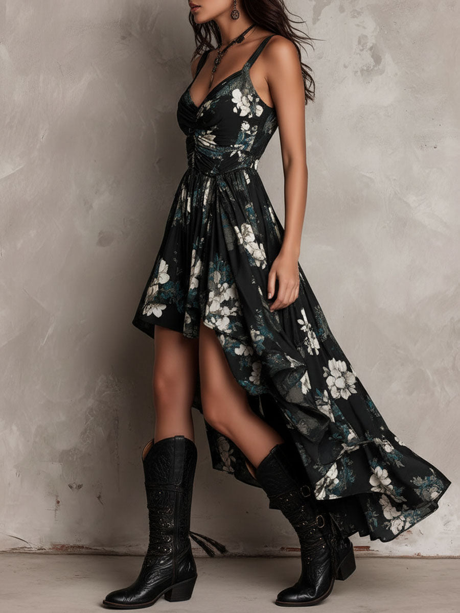 Jessie - Black Bohemian Floral Print Irregular Strapless Maxi Dress