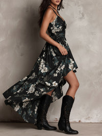 Jessie - Black Bohemian Floral Print Irregular Strapless Maxi Dress