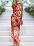 Kendall - Red Chiffon Floral Halter-neck Sleeveless Maxi Dress