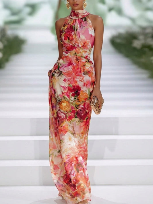 Kendall - Red Chiffon Floral Halter-neck Sleeveless Maxi Dress