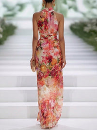 Kendall - Red Chiffon Floral Halter-neck Sleeveless Maxi Dress