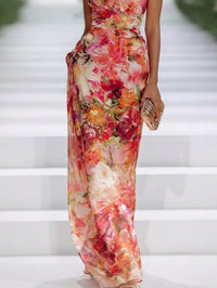 Kendall - Red Chiffon Floral Halter-neck Sleeveless Maxi Dress