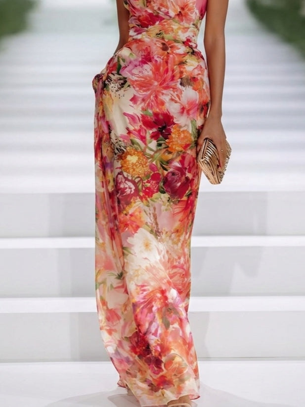 Kendall - Red Chiffon Floral Halter-neck Sleeveless Maxi Dress