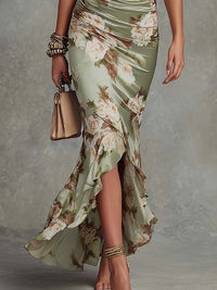 Alba - Green Floral Ruffled Bell Sleeve V-neck Satin Asymmetrical Maxi Dress