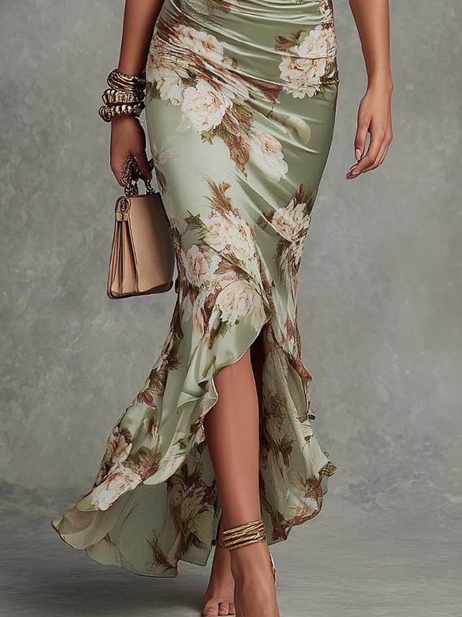 Alba - Green Floral Ruffled Bell Sleeve V-neck Satin Asymmetrical Maxi Dress