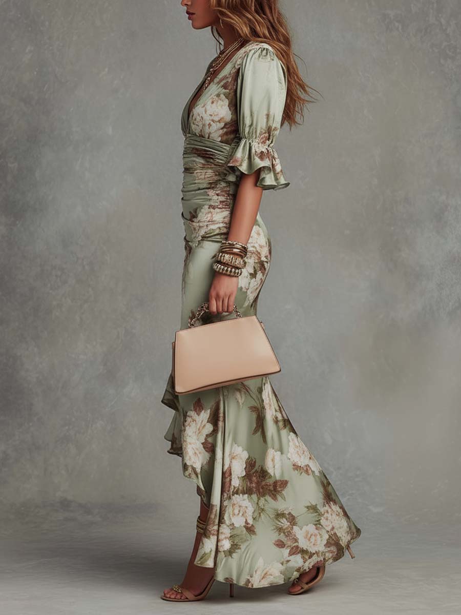 Gracie - Flowy Floral Satin Midi Dress