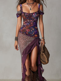 Hazel - Purple Urban Nomadic Leopard Print Floral High-slit Maxi Dress