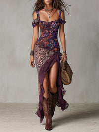Hazel - Purple Urban Nomadic Leopard Print Floral High-slit Maxi Dress