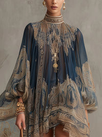 Eliana - Navy Blue Baroque Print High-neck Irregular Chiffon Mini Dress