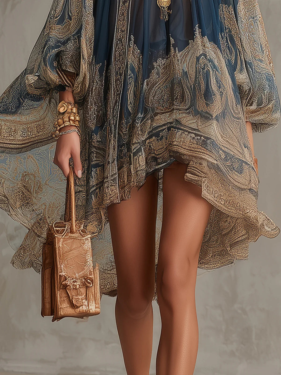 Eliana - Navy Blue Baroque Print High-neck Irregular Chiffon Mini Dress