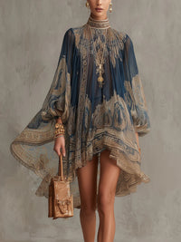 Eliana - Navy Blue Baroque Print High-neck Irregular Chiffon Mini Dress