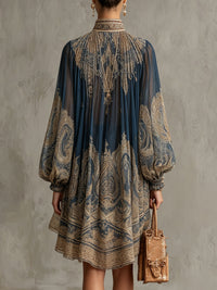 Eliana - Navy Blue Baroque Print High-neck Irregular Chiffon Mini Dress
