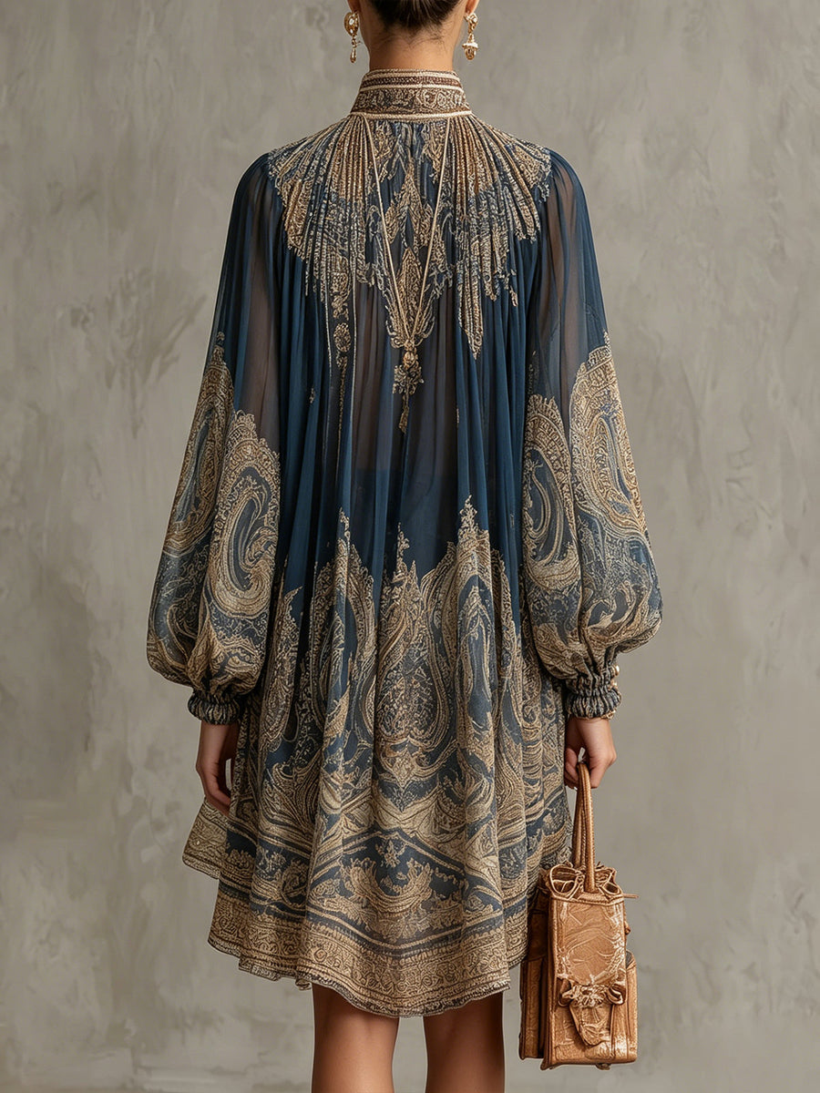 Eliana - Navy Blue Baroque Print High-neck Irregular Chiffon Mini Dress