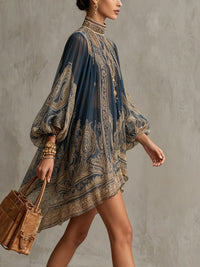 Eliana - Navy Blue Baroque Print High-neck Irregular Chiffon Mini Dress