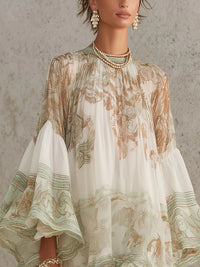 Eden - Green Print Ruffle Hem Flounce Sleeve Chiffon Mini Dress
