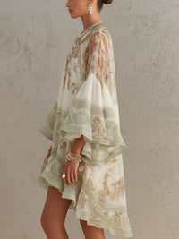 Eden - Green Print Ruffle Hem Flounce Sleeve Chiffon Mini Dress