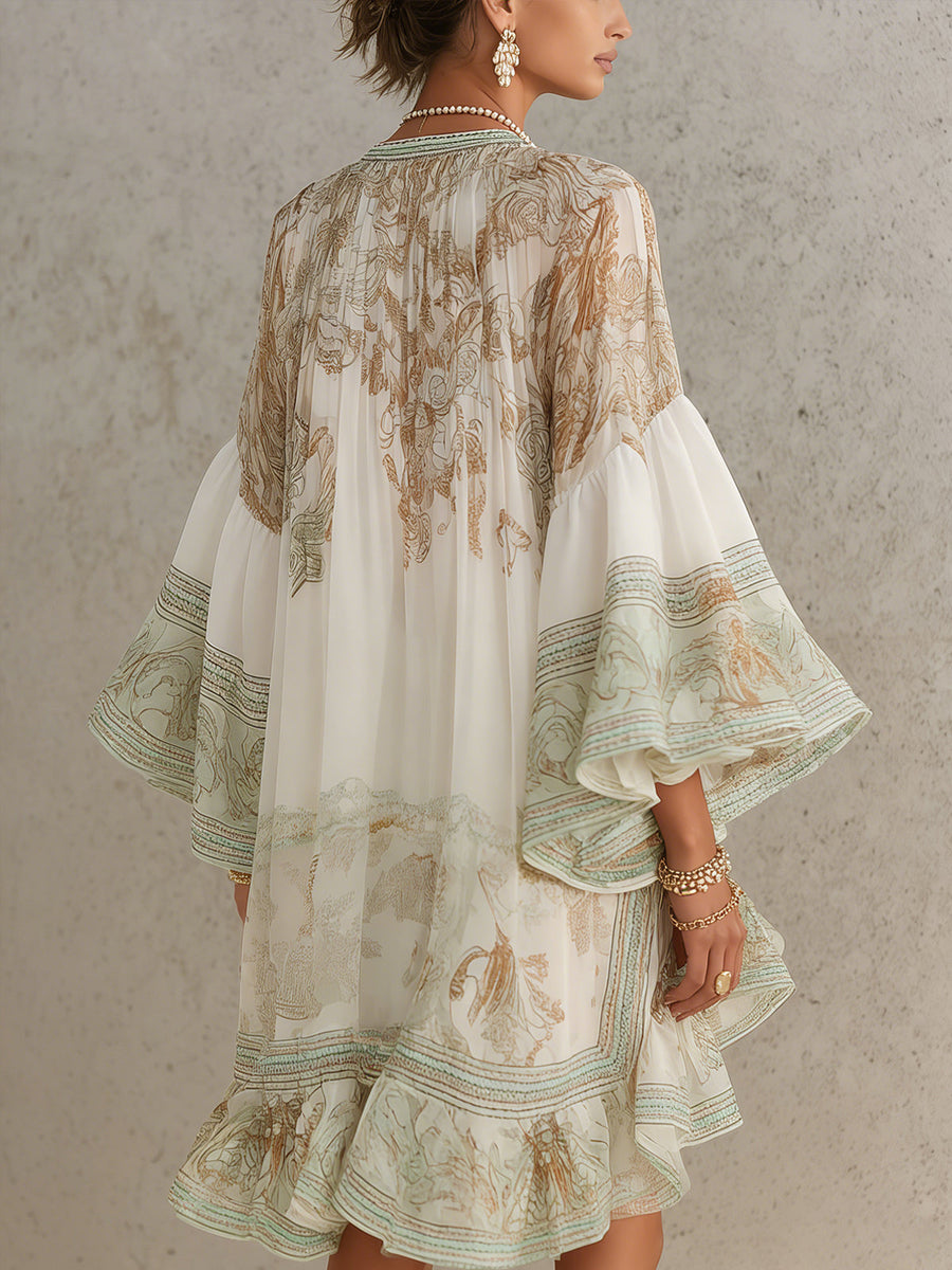 Eden - Green Print Ruffle Hem Flounce Sleeve Chiffon Mini Dress