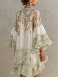 Isobel – Green Chiffon Mini Dress with Ruffle Sleeves and Gathered Hem