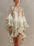 Eden - Green Print Ruffle Hem Flounce Sleeve Chiffon Mini Dress