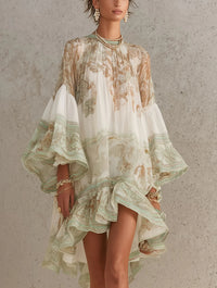 Eden - Green Print Ruffle Hem Flounce Sleeve Chiffon Mini Dress