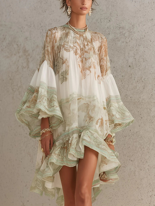 Eden - Green Print Ruffle Hem Flounce Sleeve Chiffon Mini Dress